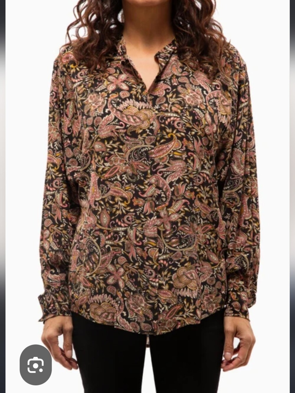 Jones New York Black Paisley V-Neck Blouse with Pink and Tan Accents